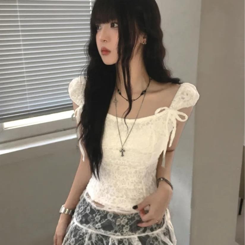 2026 new style Korean chic summer pure lust style bow slim short style small lace up short sleeve lace