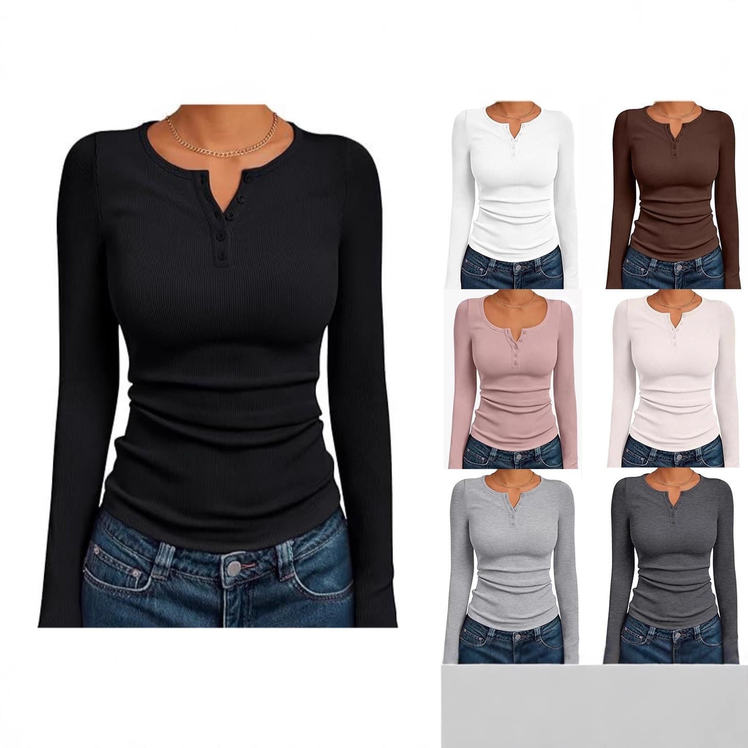Amazon Fashion Women's Long Sleeve 2025 Fall Slim Fit Henley Neck Top Ribbed Fashion Basic T-Shirt