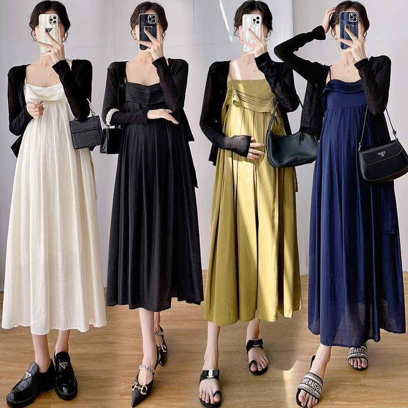 In stock actual photo~ Maternity wear autumn/winter new style camisole maternity dress black long sleeve cardigan maternity set