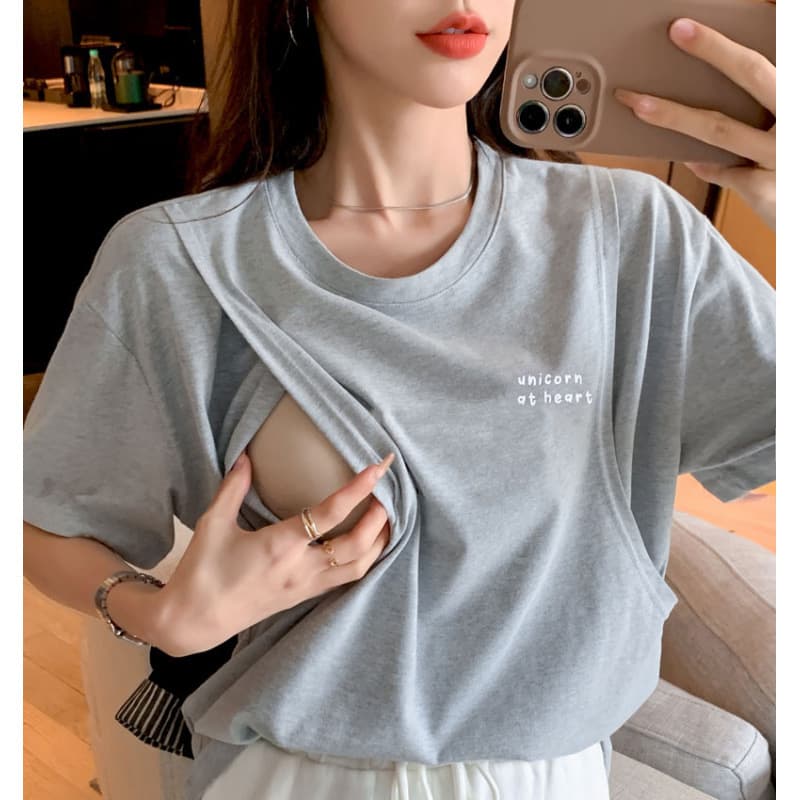 Real Shot Fashion Nursing Short Sleeve T-Shirt Summer Postpartum Chic Mom Comfortable Letter Print Breastfeeding Top Maternity Wear
