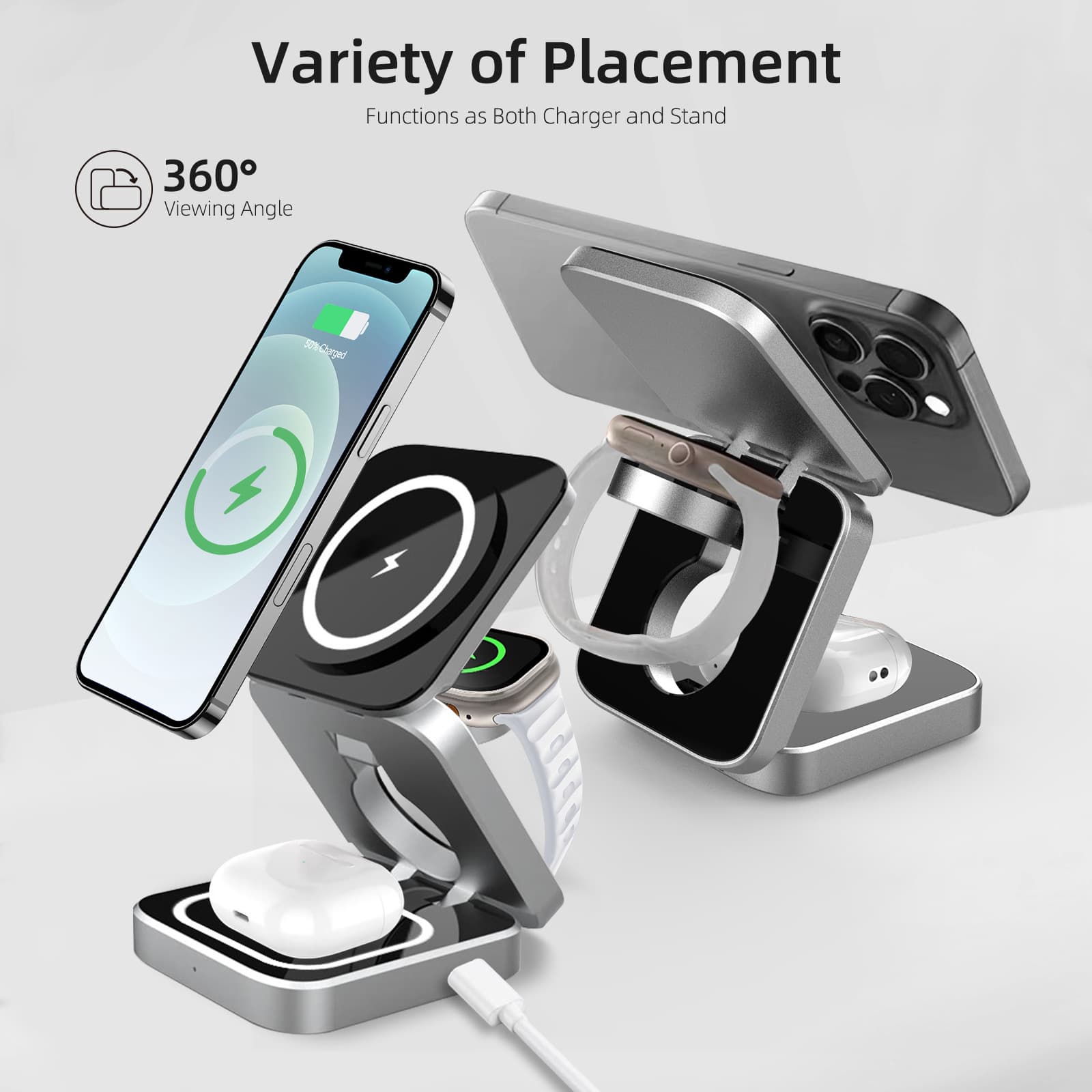 New Cross-Border 3-in-1 Magnetic Wireless Charger with Fast Charging Foldable Stand for Phone, Earbuds, and Watch