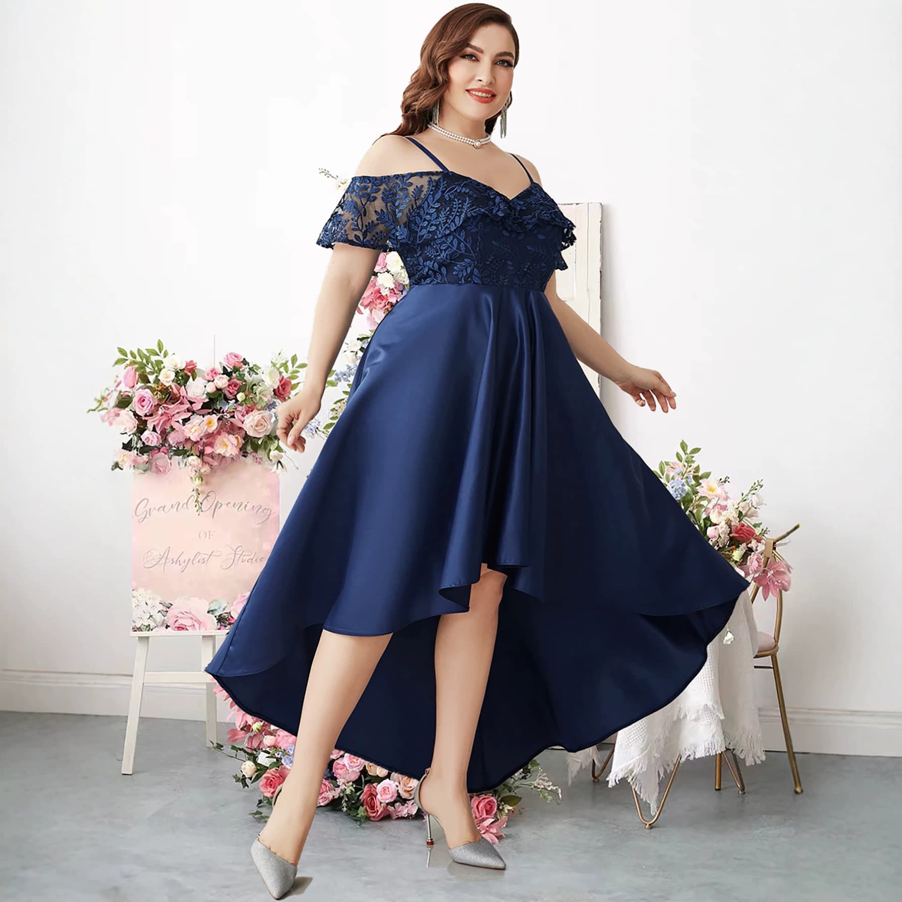 21991 Cross-border European and American plus size women's dress elegant lace embroidered dress Amazon bridesmaid dress