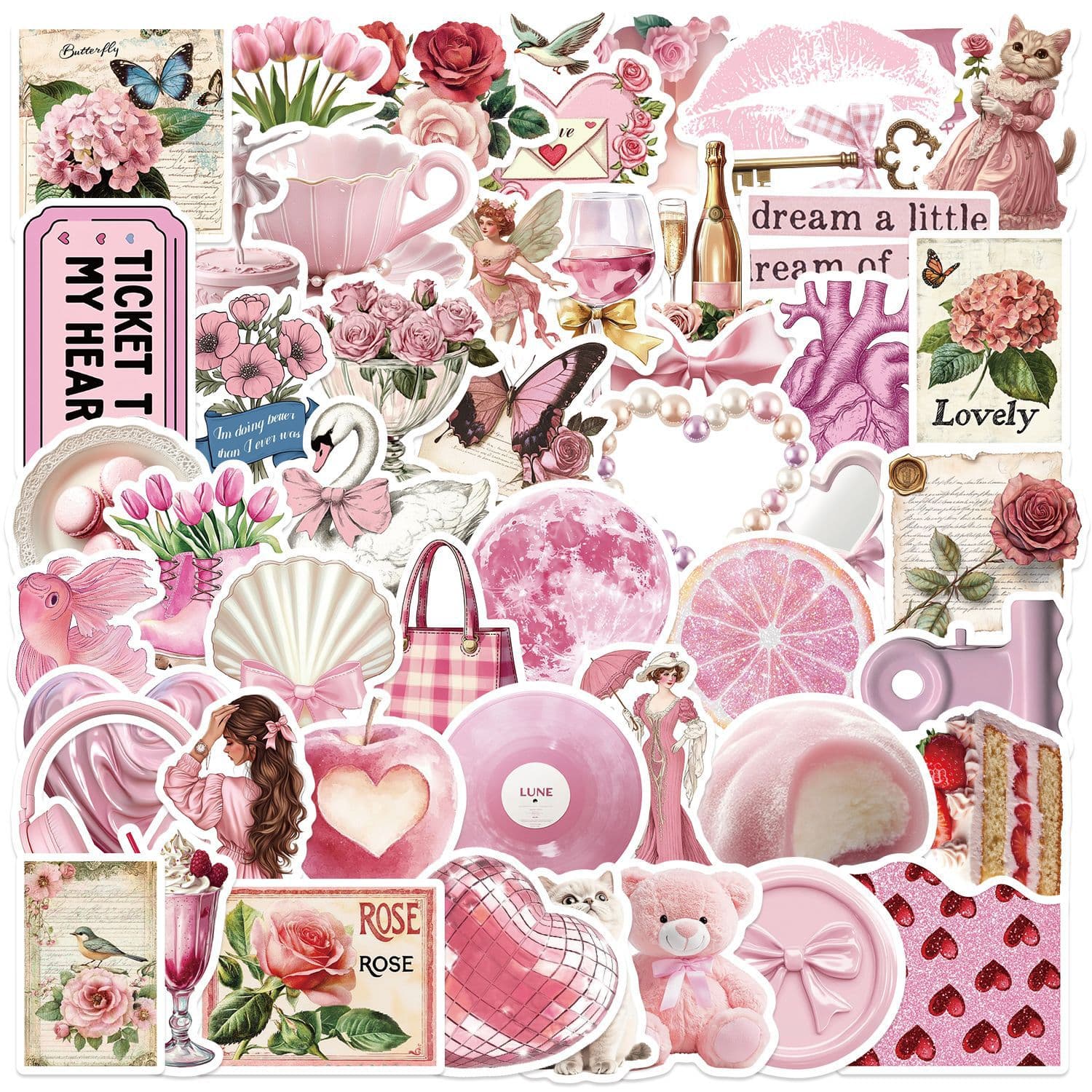 50 cross-border pink aesthetic diary graffiti stickers to decorate stationery, luggage, notes, waterproof toy stickers