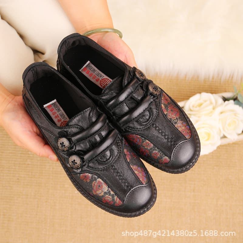 Autumn Leather Shoes Old Beijing Cloth Shoes Women's New Style Polyurethane Soft Sole Anti-Slip Waterproof Single Shoes Lightweight Comfortable Elderly Shoes