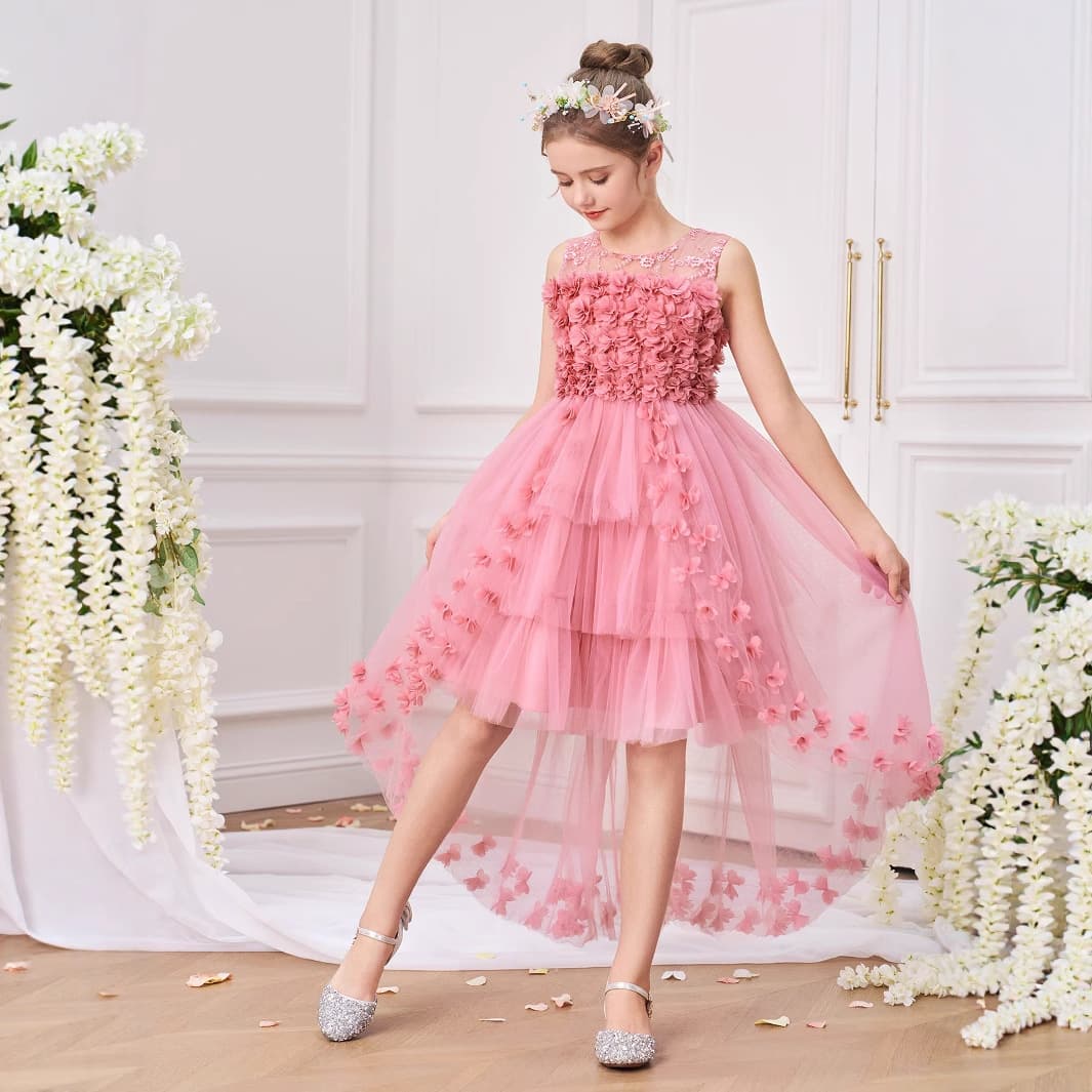 Cross-border new children's princess dress appliqué trailing flower dress girl catwalk piano performance suit puff skirt