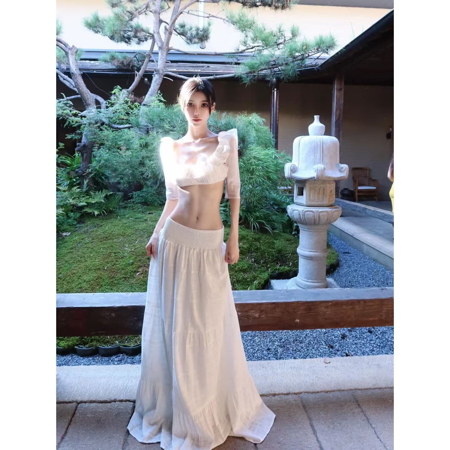 Designer Dopamine Vacation Style Lace Sheer Fishtail Skirt Sunset Print Strapless Top Set Long Dress