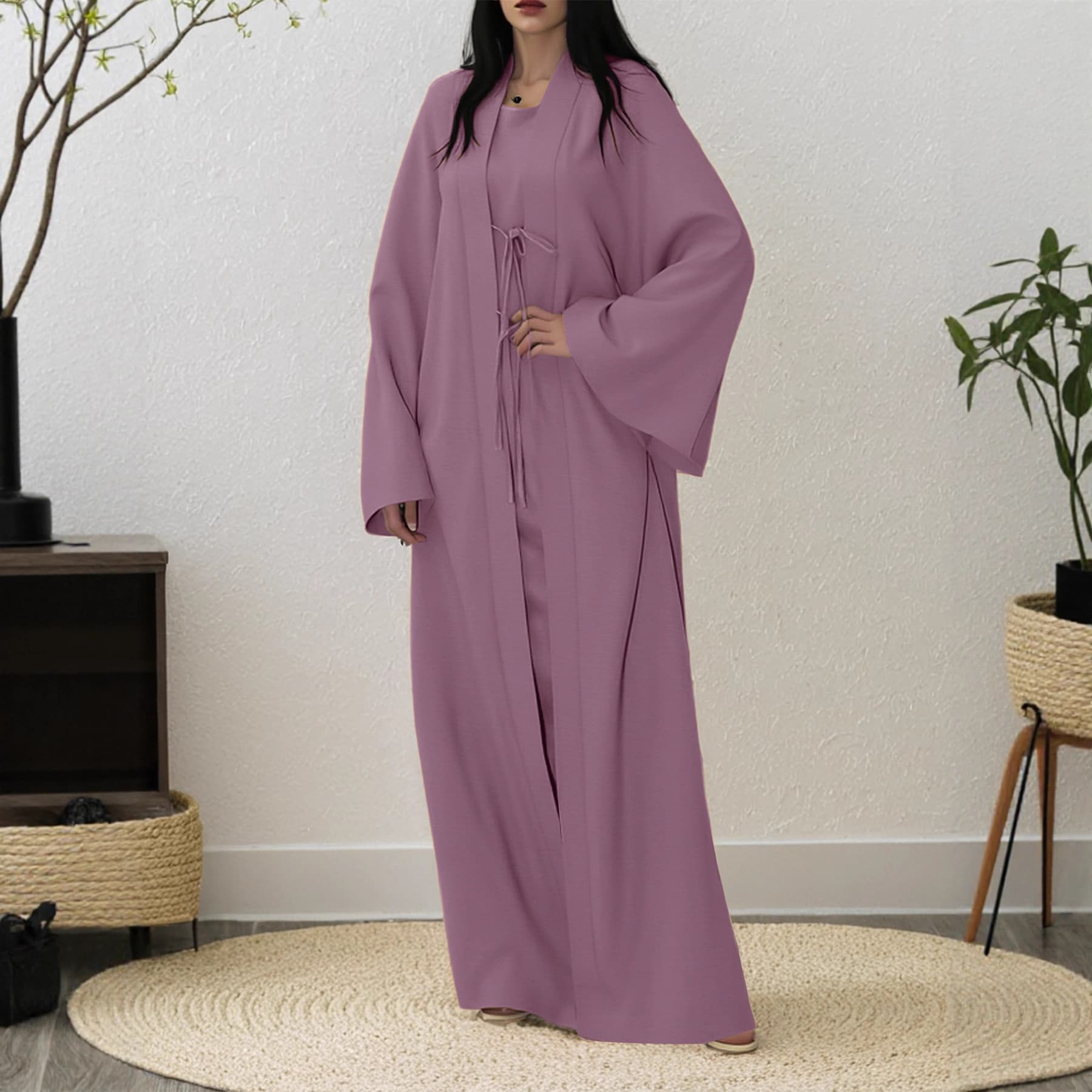 Hot-selling Abaya Loungewear Set with Wide Sleeves and Tie-front Cardigan, Solid Color Inner Layer Combination