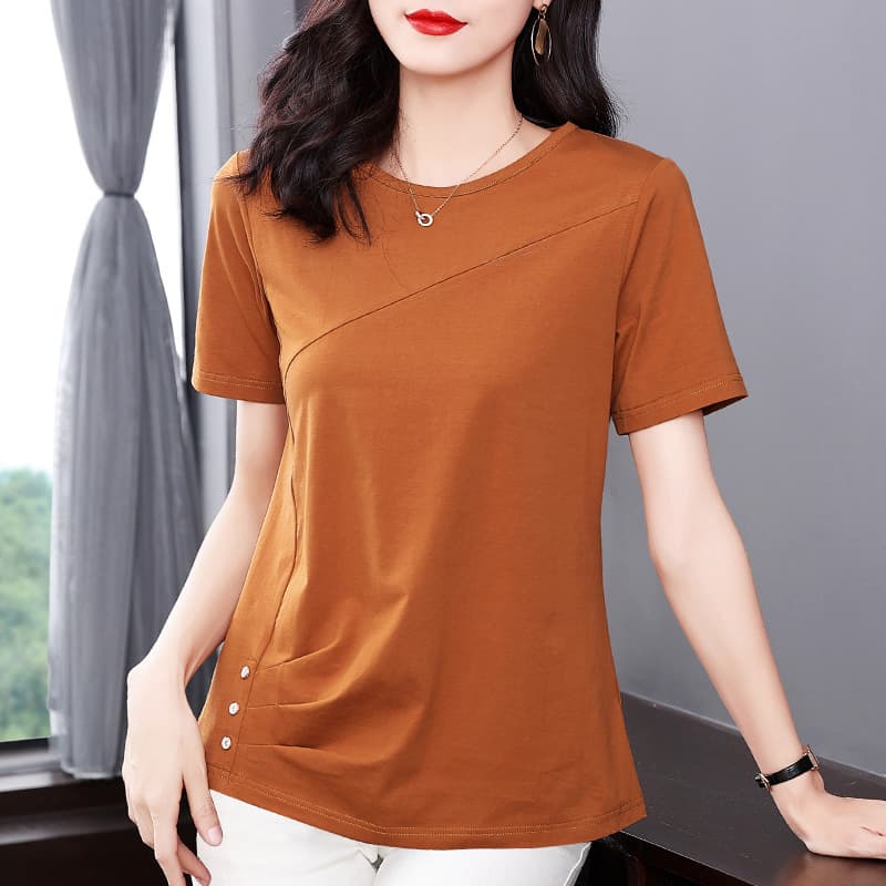 Solid Color Short Sleeve T-Shirt for Women 2023 Summer New Arrival Middle-Aged Mother Plus Size Loose Fashion Top