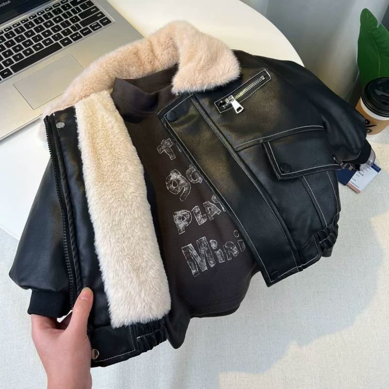 Boys' Fleece-Lined Leather Jacket, Winter Thickened Coat for Kids, Rabbit Fur Lining Jacket for Toddlers, Warm Winter Cotton Padded Jacket