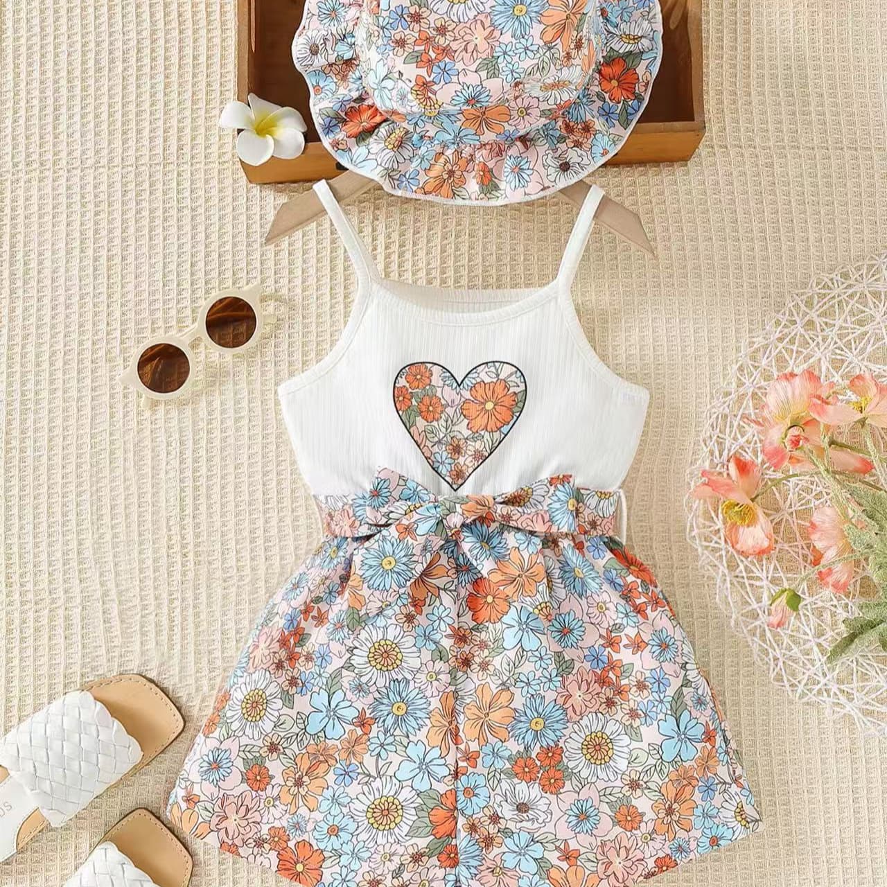 Girls' Jumpsuit Summer New Heart-Shaped Romper Fashion Single-Breasted Valentine's Day Strap Children's