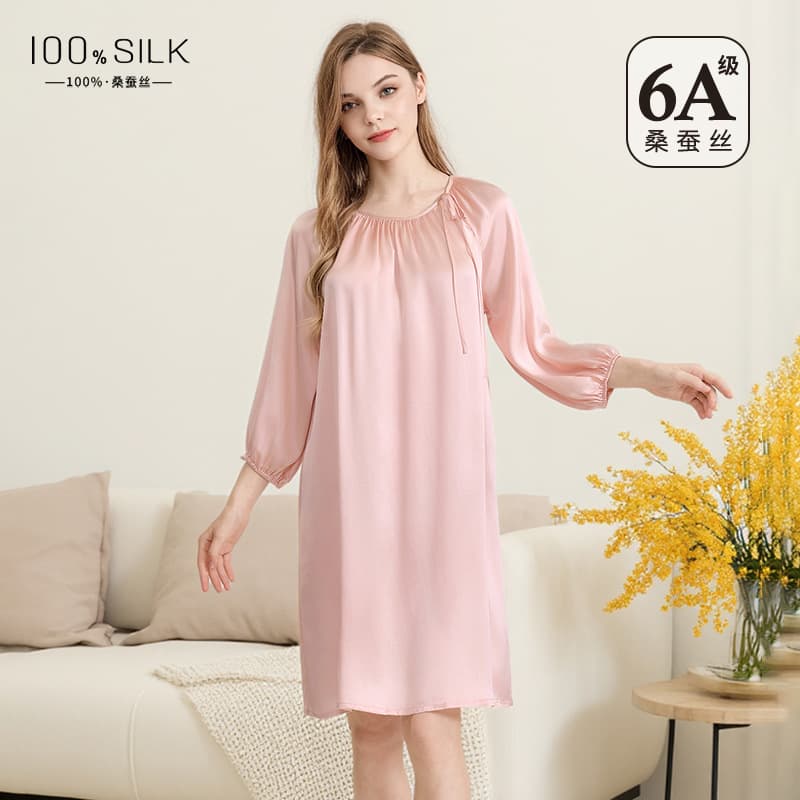 Spring/Summer French Silk Nightgown Women's Premium 100% Mulberry Silk Loose Comfortable Dress Loungewear Nightgown