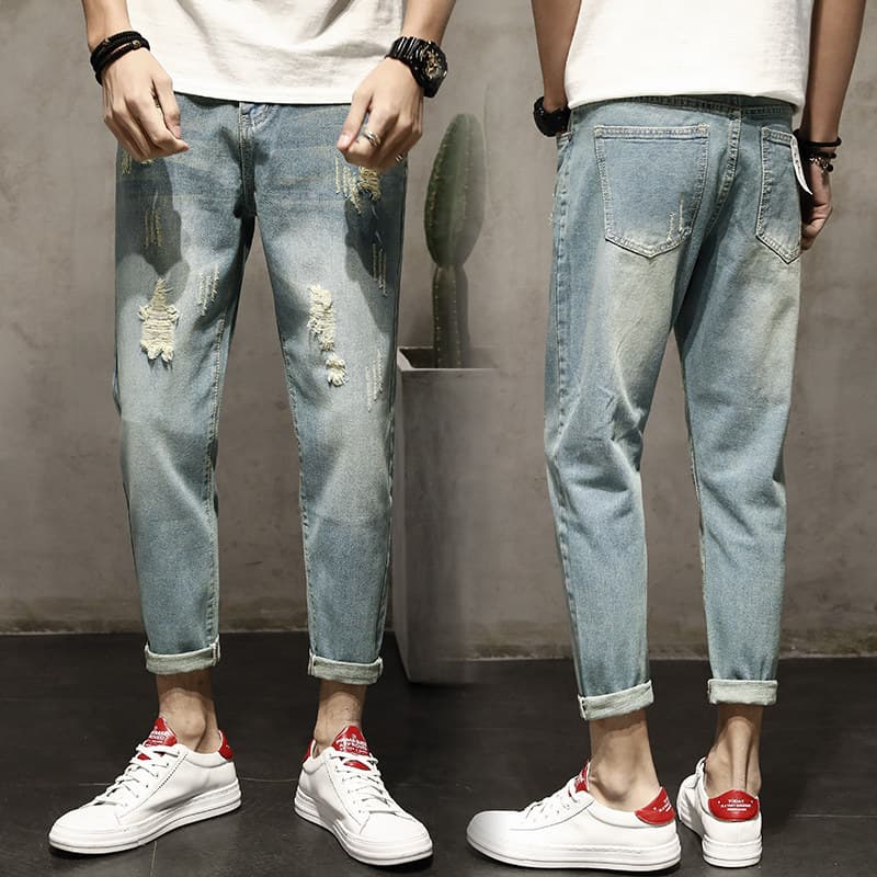 Ripped jeans men's straight-leg loose American high street trousers trendy brand handsome retro slim foot nine-point men's trousers