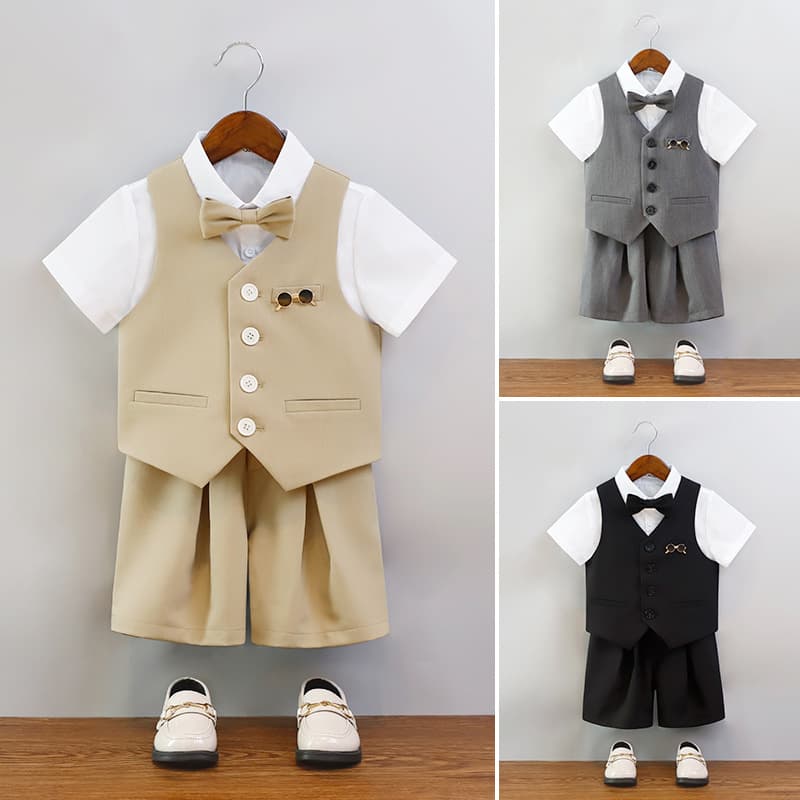 Boys' Summer Suit Short Sleeve Vest Set, Toddler Flower Boy Outfit, Children's Host Piano Performance Suit