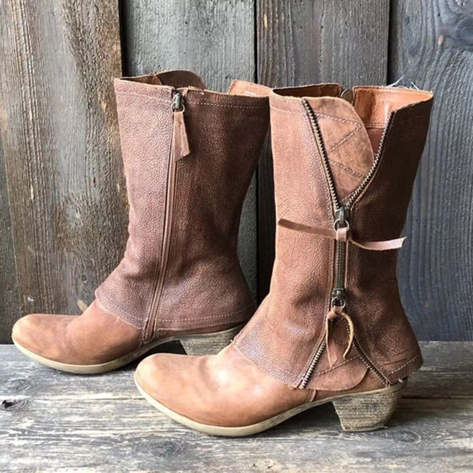 Cross-border Trade Plus Size Side Zipper Chunky Heel Mid-Calf Riding Boots Women Retro Round Toe Medium Heel Thin Leather Boots Independent Site