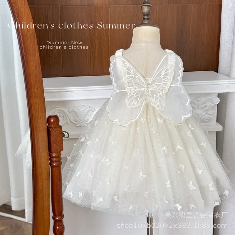 2026 Summer New Girls Butterfly Wings Fashion High-End Butterfly Soft Tulle Strapless Princess Dress Wholesale