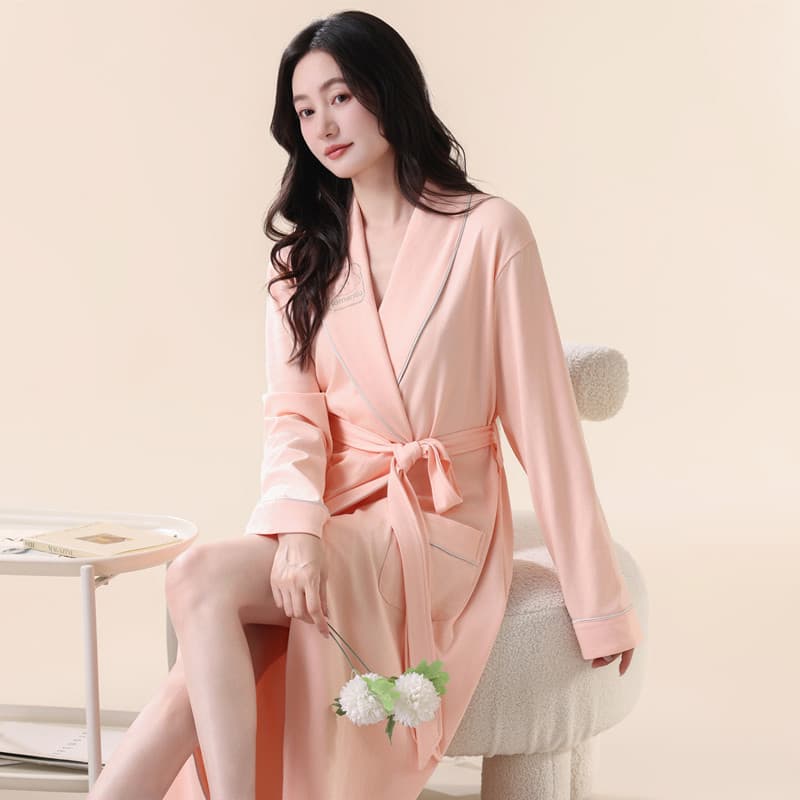 Women's Spring and Autumn Pure Cotton Long-Sleeve Nightgown 2025 New Autumn and Winter Long Bathrobe Sleepwear Bathrobe Morning Robe Can Be Worn Outside