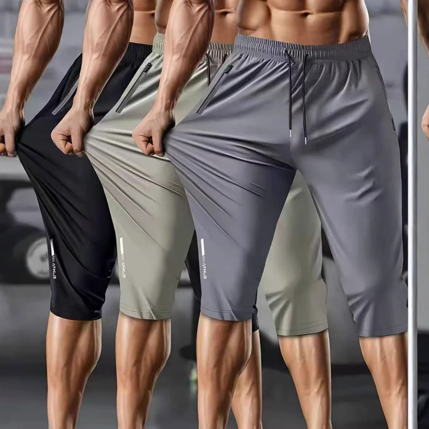 Men's Cross-Border Summer Ice Silk 3/4 Pants, Casual Breathable Elastic High-Stretch Ice Silk Pants, Quick-Dry Men's Mid-Length Pants