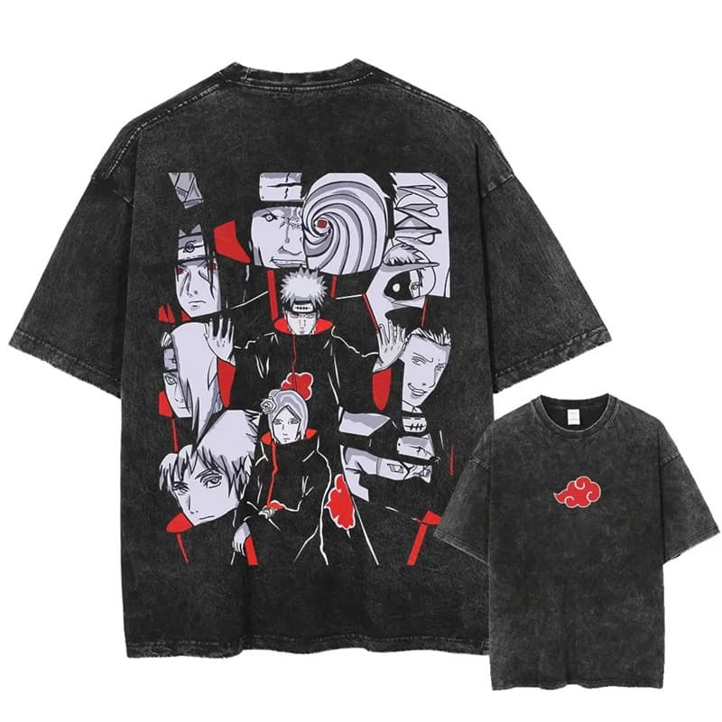 Washed Cotton Printed T-Shirt Washed Anime Short Sleeve Summer 2025 Pattern Naruto Retro T-Shirt