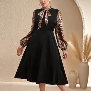 Plus Size Color Block Dress for Western Market, Leopard Print Long Sleeve with Solid Color Waist, Flared Midi Dress for Commute, Export Women's Clothing