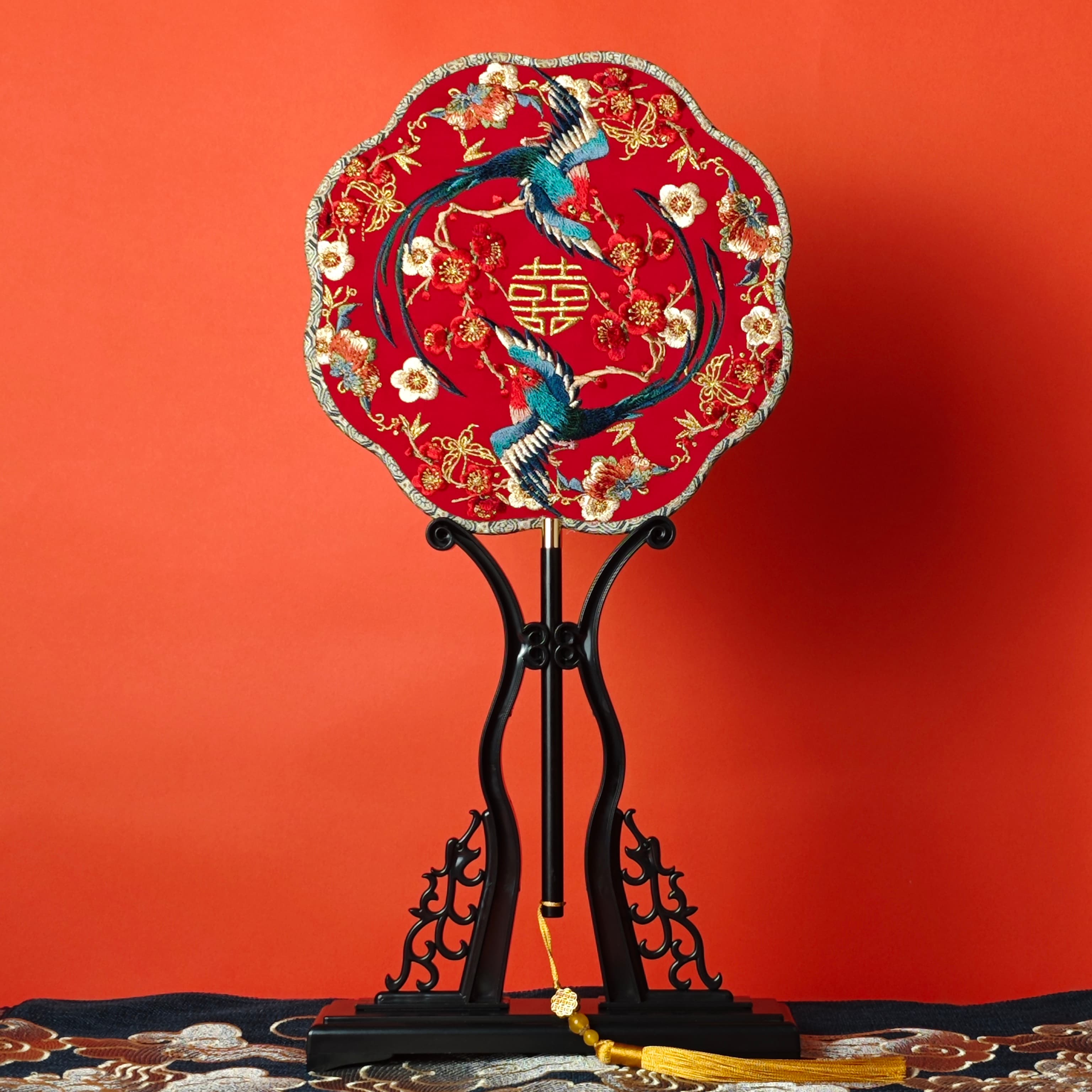 Wedding Embroidery Round Fan, Hanfu Wedding Fan, Double Happiness and Phoenix Embroidery Bride Round Fan, Vintage Gift Fan