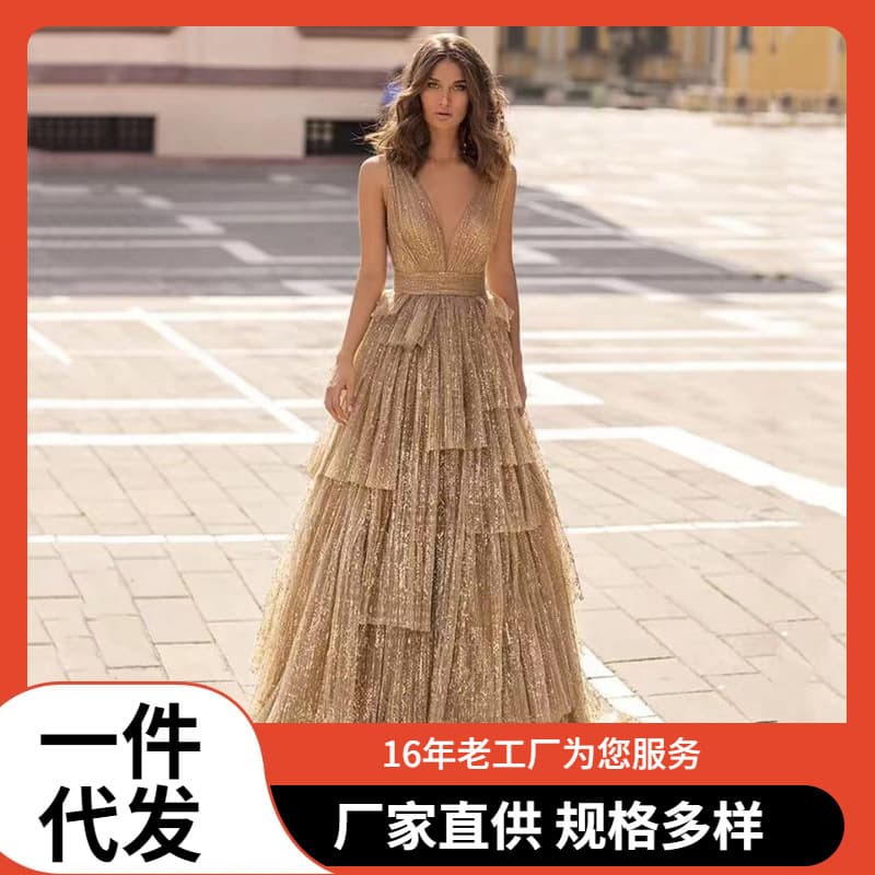 2025 AliExpress Long Layered Gold Spray Dress V-Neck Sleeveless Backless Party Evening Gown