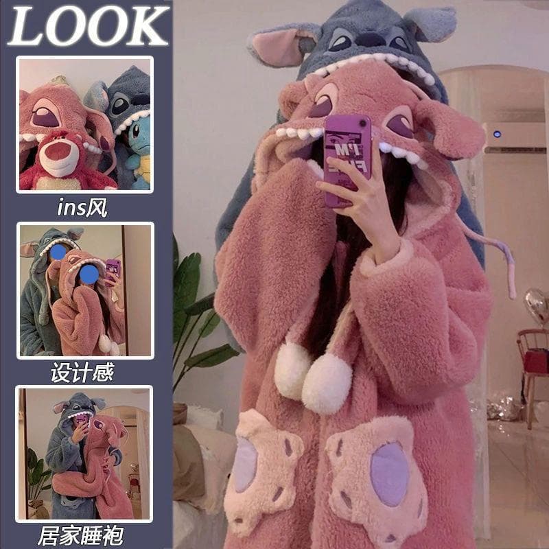 Couple Stitch Pajamas Men and Women Autumn and Winter Coral Velvet Thickened Velvet Cartoon Pajamas Set Warm Home Clothes