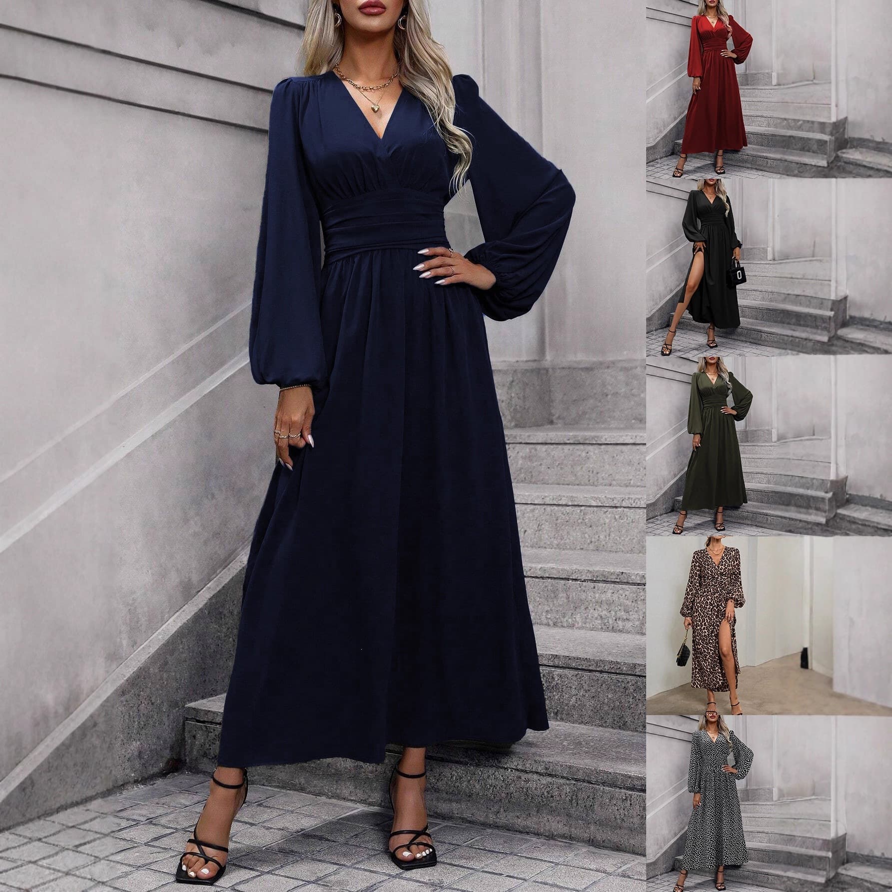 2026 new autumn and winter new women's lantern sleeve high slit high-end dress
