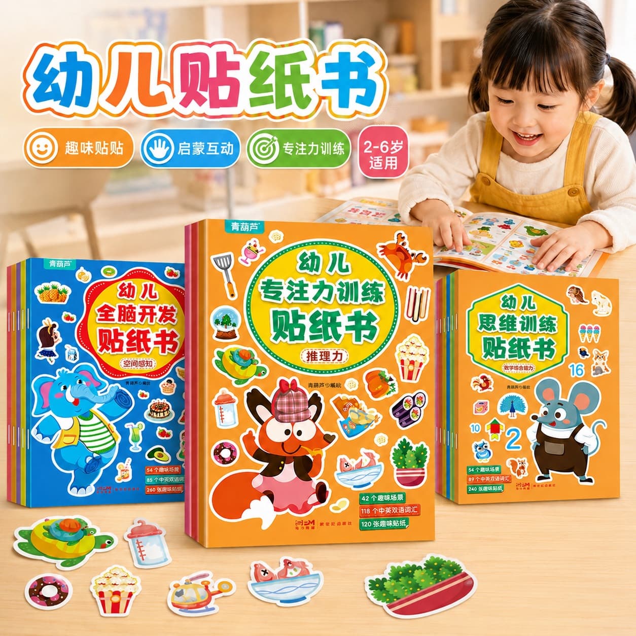 Children's Educational Logic and Focus Training Sticker Book Set of 8 Volumes - Whole Brain Development Hands-on Ability