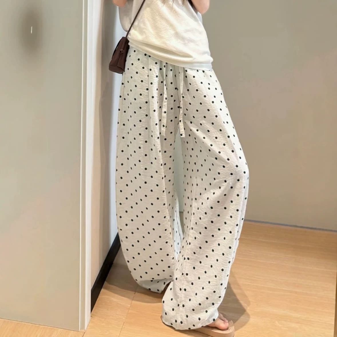 Polka Dot Linen 2025 Pants for Women New High Waist Thin Loose Relaxed Summer Curved Leg Pants Wholesale