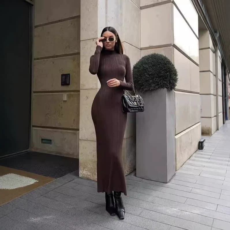 Cross-border European and American knitted turtleneck long-sleeved tight skirt autumn and winter new long skirt elegant French knitted dress women's trend