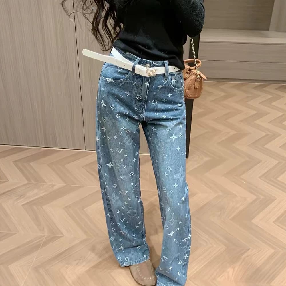 High-waist slim jacquard perm jeans for women 2026 summer new style loose design straight floor-length trousers trendy