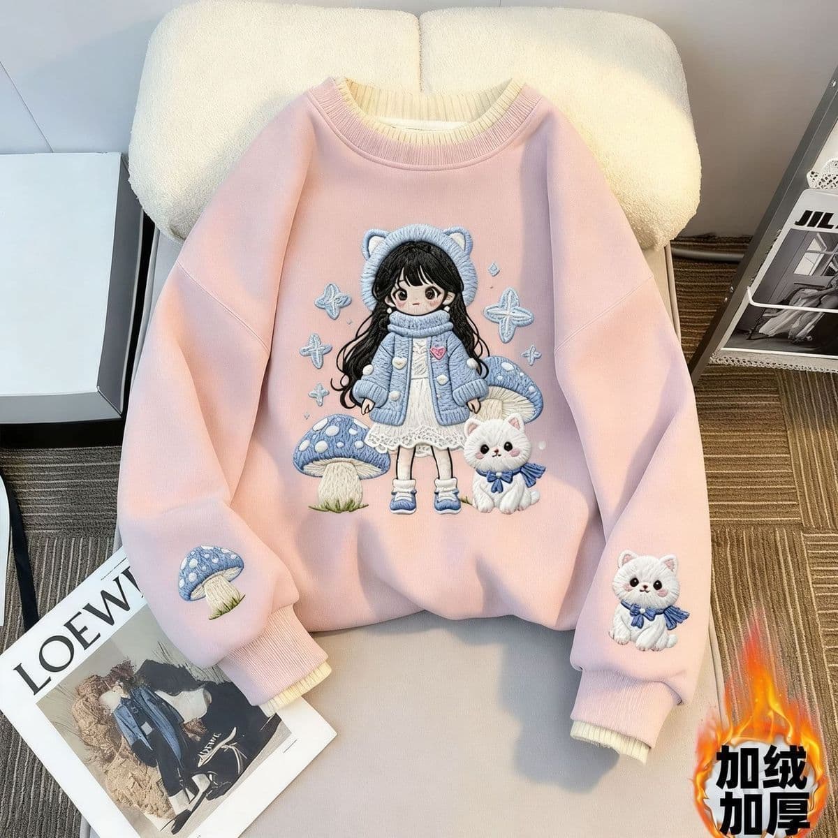 Kids Fleece-Lined Thickened Girls' Hot-Selling Stylish Winter Cartoon Faux Two-Piece Korean Style Hoodie High-Neck Warm Top