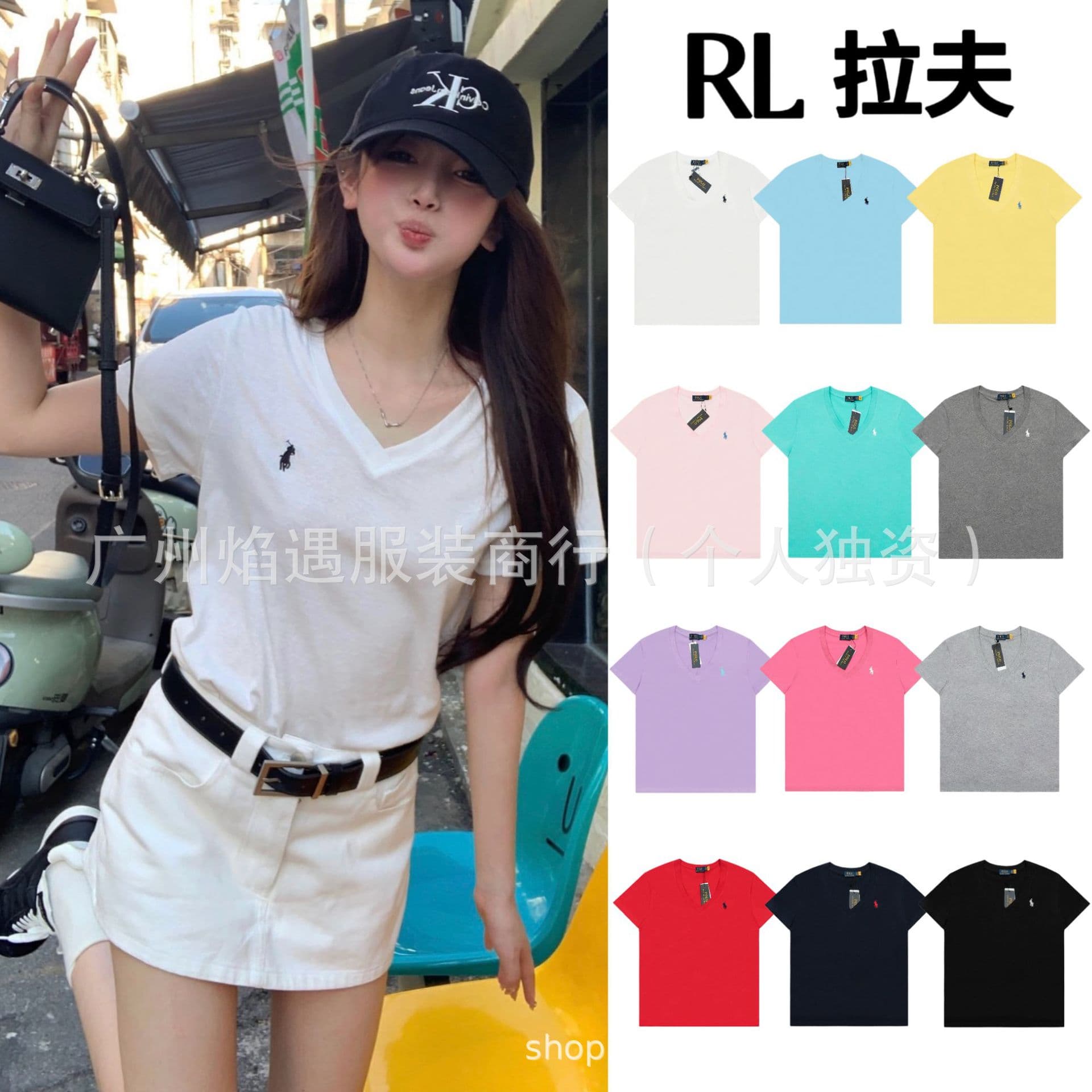 In stock, scan QR code available. RL Ralph Lauren classic pony embroidered V-neck casual women's basic short sleeve shirt, drop shipping fashion.