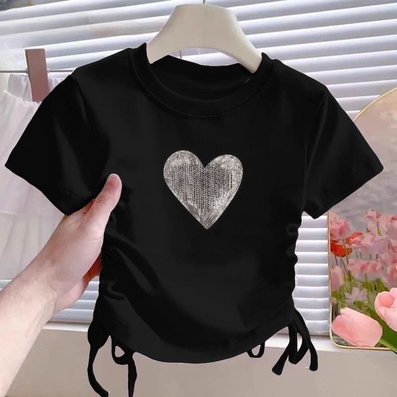Girls Cotton Drawstring Short-sleeved Shirt Children's Summer 2025 New Stylistics Solid Color Slim Fit T-shirt Design Short Top