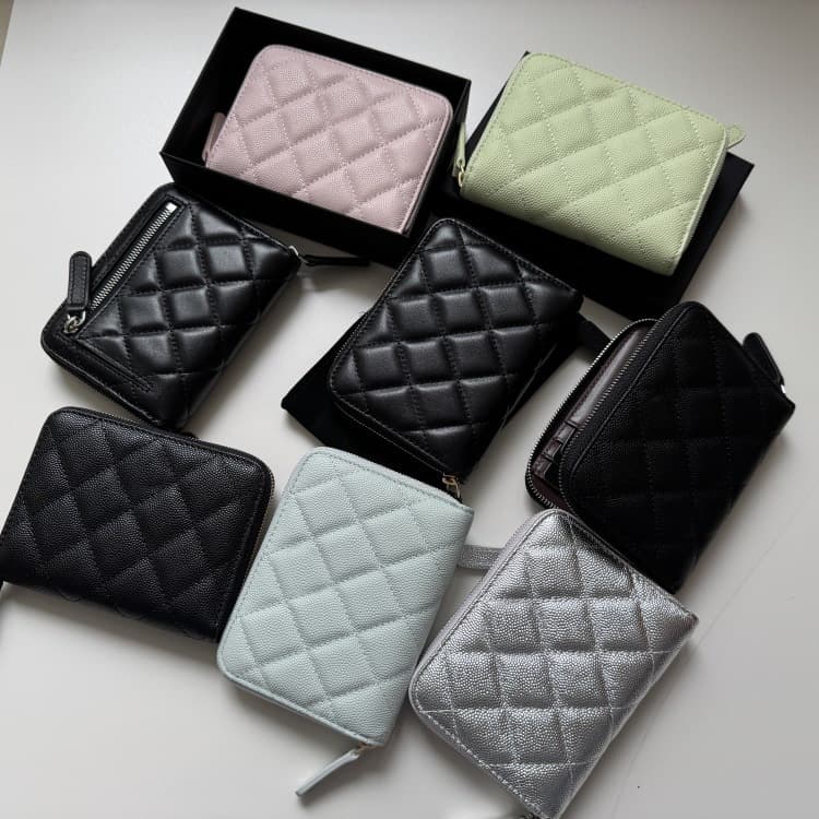 Zipper Wallet Genuine Leather Diamond Quilted Small Fragrance Bifold Two-Fold Short Wallet Coin Purse Card Holder Caviar Grain Ball Pattern Card Case for Women