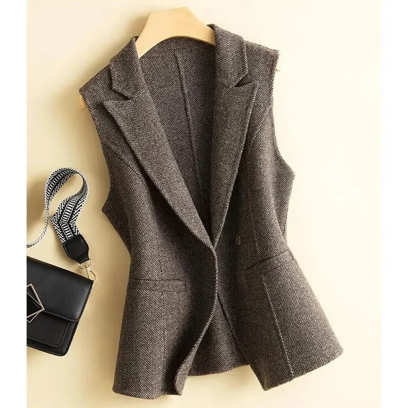 8927 Autumn/Winter Wool Vest for Women Short Cardigan Blazer Collar Wool Outerwear Inner Layering Sleeveless Jacket