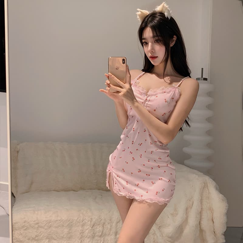 Sexy Lingerie Lace Babydoll Sleep Dress Purple Floral Print Spaghetti Strap Nightie