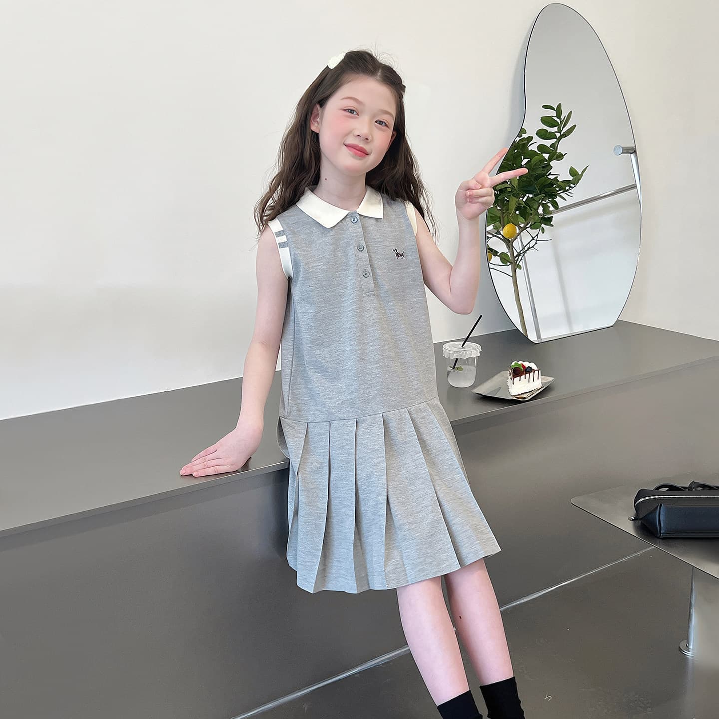 Girls' Contrast Color Sports Tank Dress, Stylish Casual Polo Neck Long Dress, 2026 Summer New Arrival