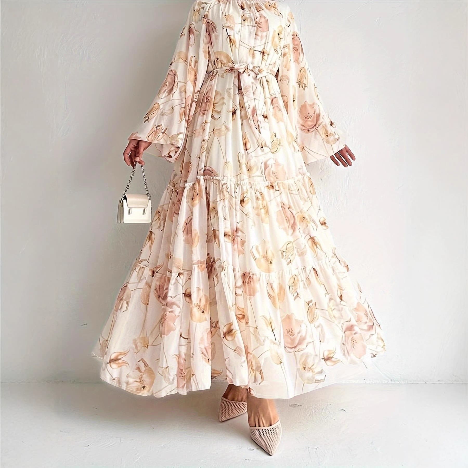 Hot-selling international item: Modern traditional floral lace-up layered bell sleeve Abaya long dress