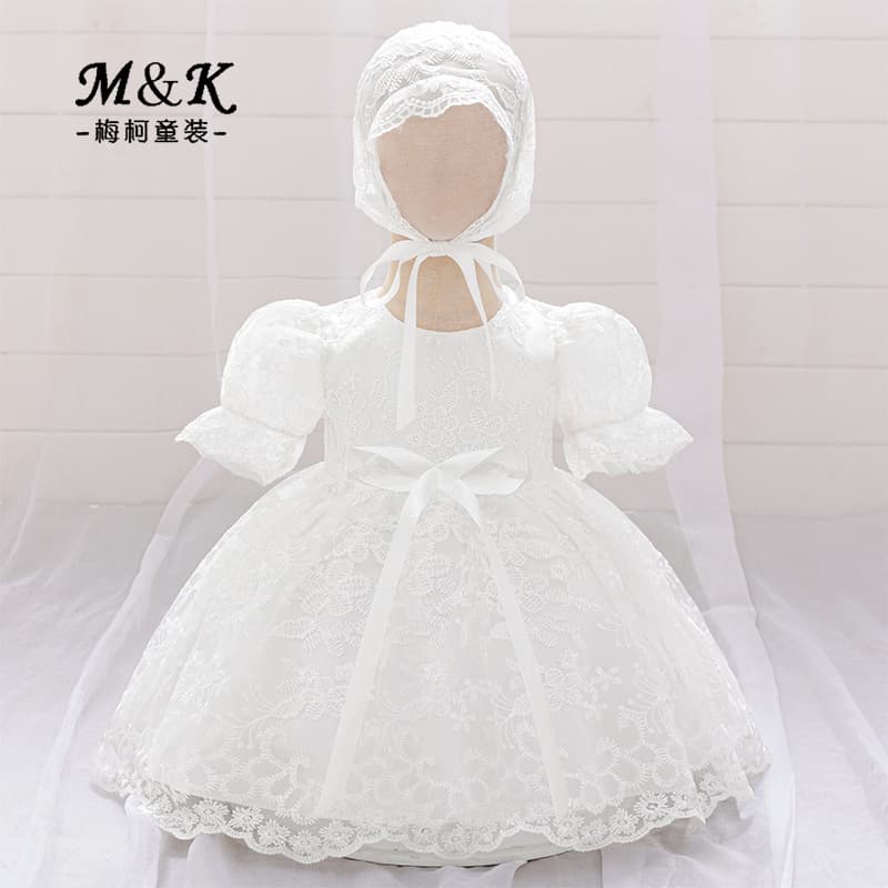 2026 New Style Children's Dress Lace Embroidered Princess Dress Girls' Christening Dress Puff Sleeve Dress with Headscarf Dress