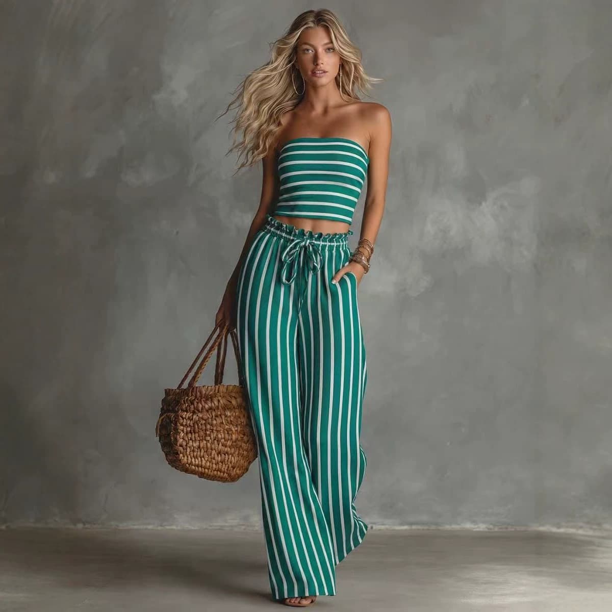 2026 Independent Station Amazon European and American Cross-border Printed Striped Tube Top Drawstring Loose Straight Pants Suit
