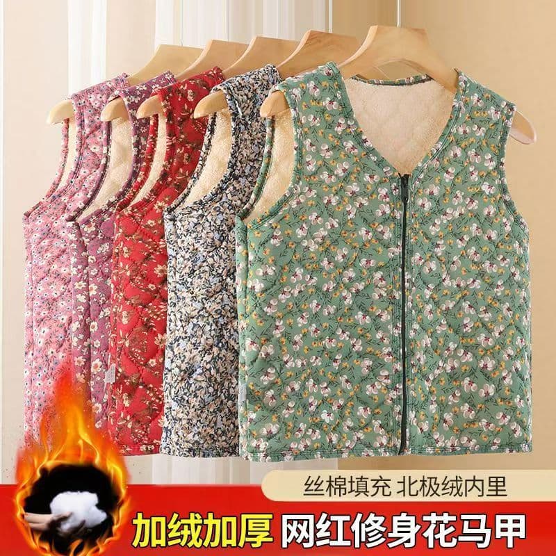 Winter floral vest for middle-aged and elderly, thickened new Chinese-style vest, mother's large size loose waistcoat, fleece-lined warm sleeveless top.