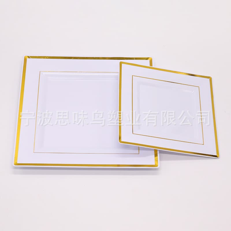 Square plate Western food plate white square hot stamping hard plastic plate silver edge square plate best selling across borders