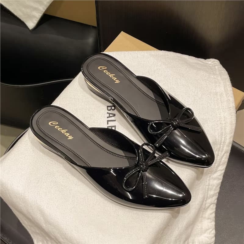 New Summer Bow Medium Slim Heel Mule Shoes Closed-Toe Half Slippers Women French Style Vintage Retro Open-Toe Sandals