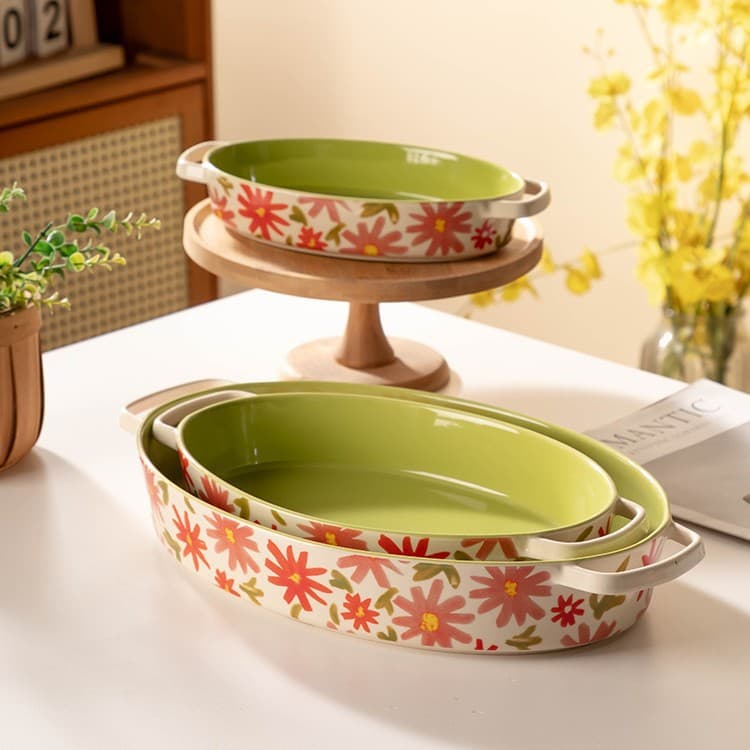 Cross-border Ceramic Rectangular Double-Handled Baking Dish Set, Home Oven-Safe Oval Cheese Rice Bake Dish, Pasta Plate