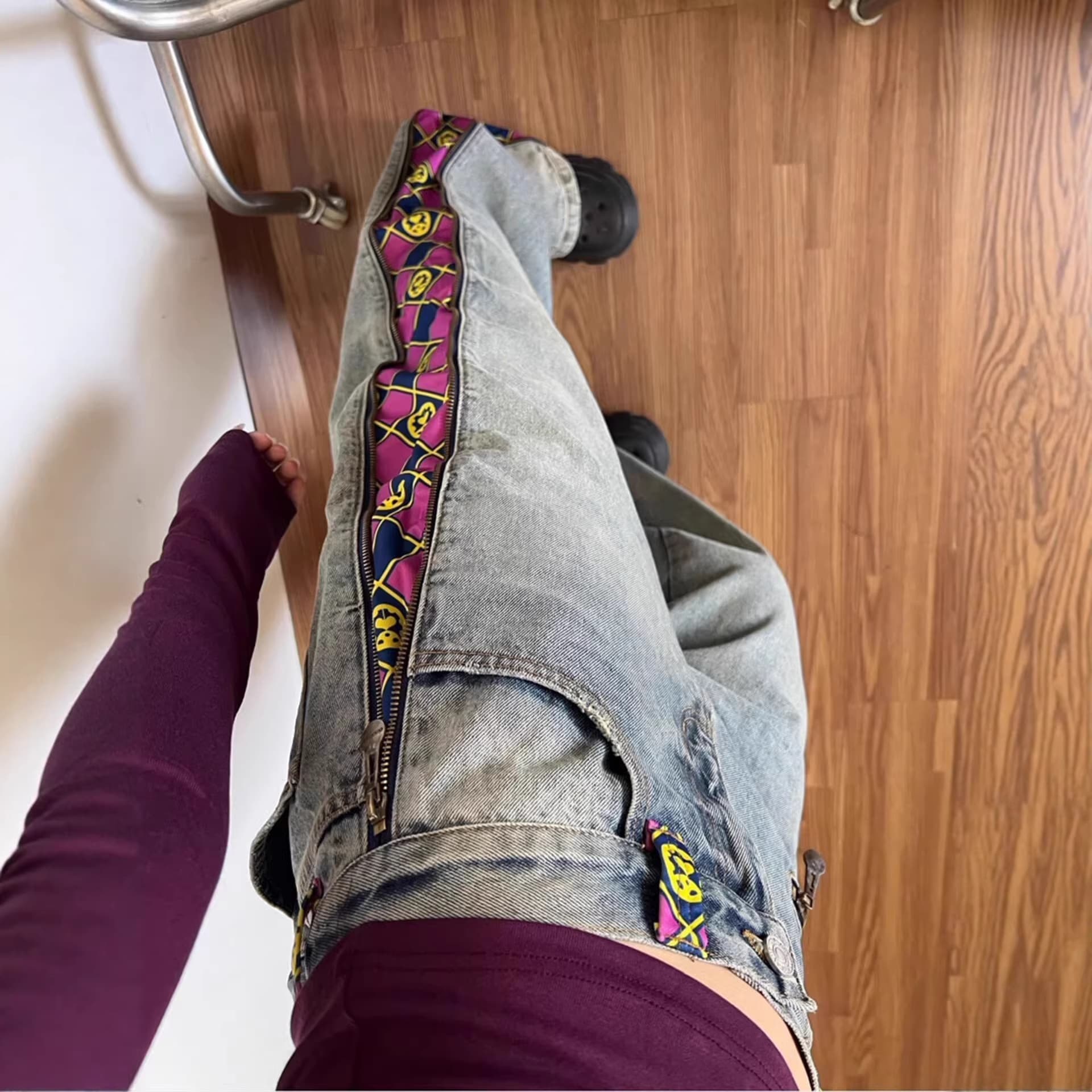 Cross-border MEDMxJOJO Collaboration Zipper Patch Men's and Women's Jeans Washed Distressed High Street Floor-length Style