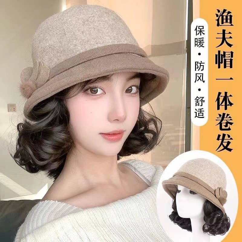 Women's Integrated Hat Wig for Autumn and Winter, Fashionable Short Curly Hair for Middle-Aged and Elderly Mothers, All-Match Top Hat Full Head Cover