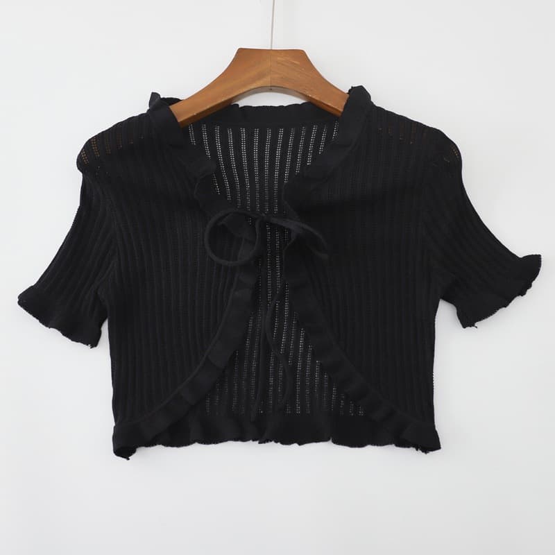Niche Lace-up Ruffled Knitted Shawl Short Cardigan Women's V-Neck Summer Short-sleeved Thin Sunscreen Jacket