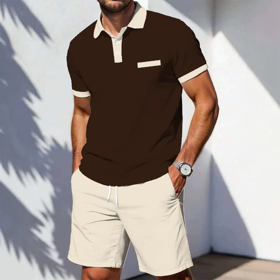 Cross-border European Size Bestseller Men's Striped Polo Shirt Set Summer Casual Short Sleeve + Shorts Two-Piece Set