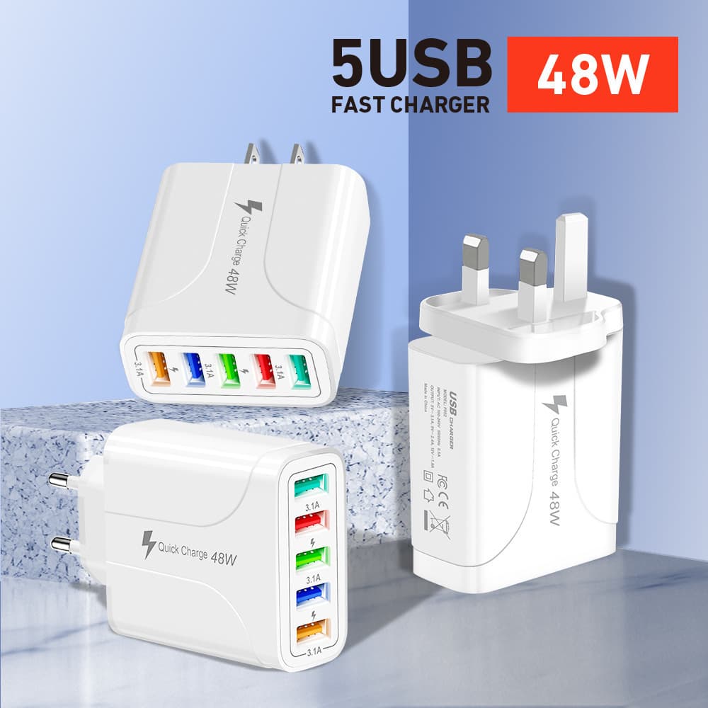 Phone Charger 5 USB Ports 48W with Light UK Plug Multi-Port USB Travel Charger